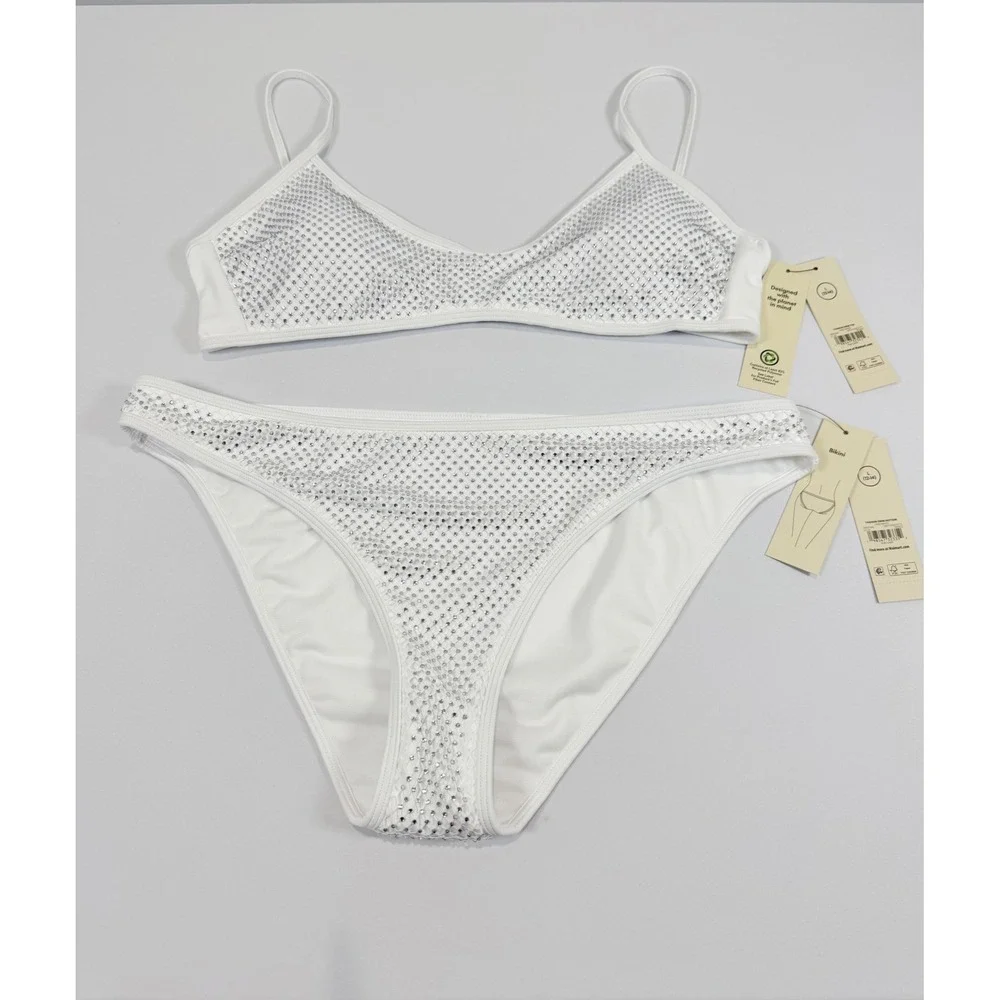 No Boundaries White Rhinestone Mesh Bikini‎ Set Large 12-14 NWT NB17HQ023771